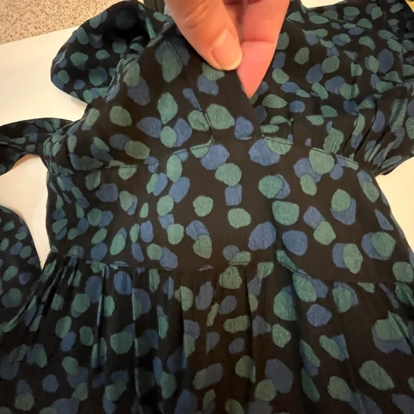 Midi Dress Black Green/Blue Abstract Dots V-Neck Elbow Sleeve Tie Waist Large - Picture 5 of 12